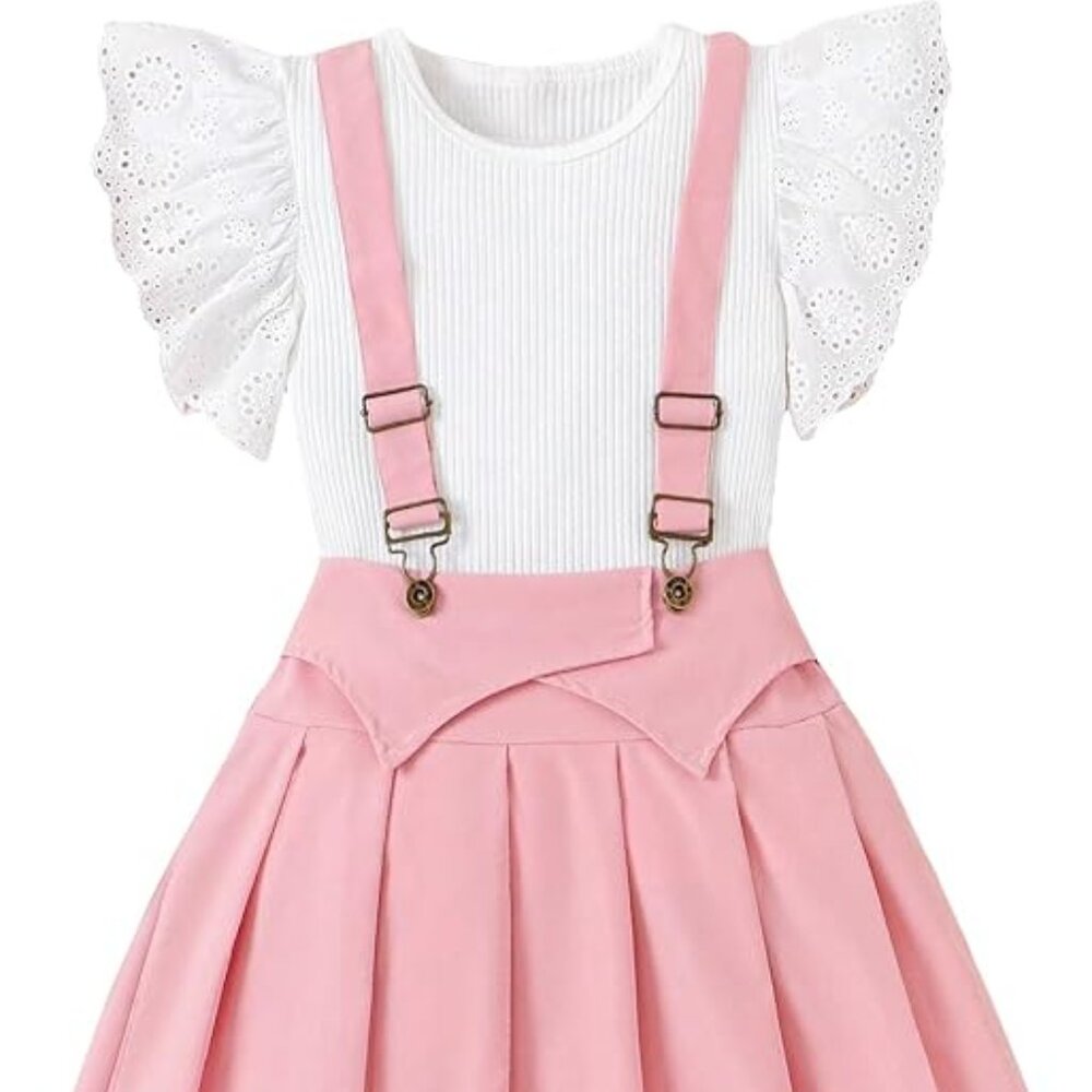 WDIRARA Girl's 2 Piece Outfit Eyelet Embroidery Ruffle Trim Cap Sleeve Tee